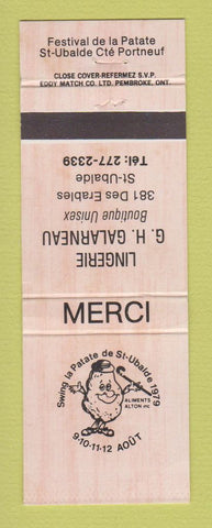 Matchbook Cover - Festival De LA Patate St Ubalde QC Lingerie GH Galarneau