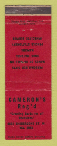 Matchbook Cover - Cameron's Reg'd Greeting Cards Canada