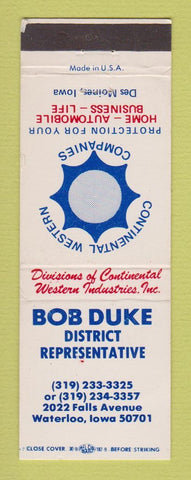 Matchbook Cover - Bob Duke Continental Western Insurance Waterloo IA