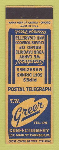 Matchbook Cover - TW Greer Confectionery Carnegie PA