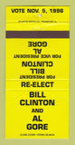 Matchbook Cover - Bill Clinton for President 1996 Al Gore YELLOW 30 Strike