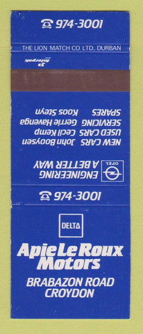 Matchbook Cover - Opel Cars Delta Apie LE Roux Motors Croydon SAMPLE