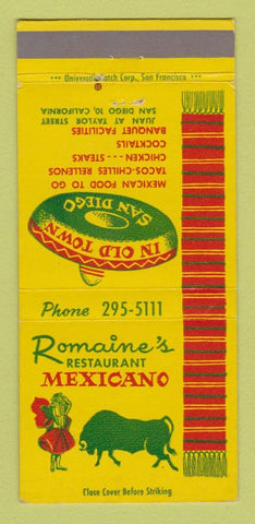 Matchbook Cover - Romaine's Mexican Restaurant San Diego CA 30 Strike