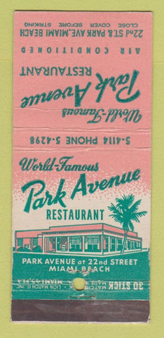Matchbook Cover - Park Avenue Restaurant Miami Beach FL 30 Stick