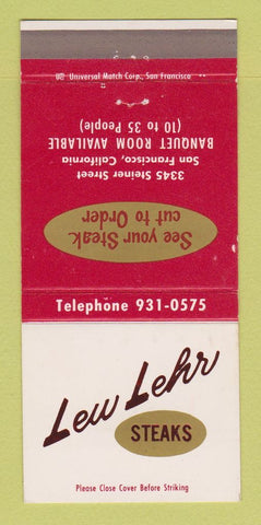 Matchbook Cover - Lew Lehr Steak San Francisco CA 30 Strike