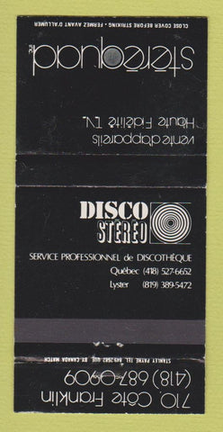 Matchbook Cover - Disco Stero QC Quebec Lyster WEAR 30 Strike