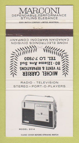 Matchbook Cover - Marconi Radio Michel Carrier Quebec QC 30 Strike
