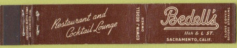Matchbook Cover - Bedell's Sacramento CA 10 Strike