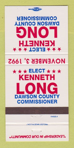 Matchbook Cover Kenneth Long Dawson County Commissioner Election 1992 30 Strike