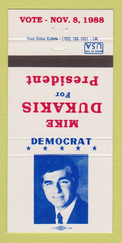 Matchbook Cover - Mike Dukakis for President 1988 30 Strike