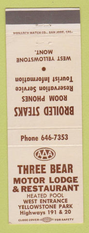 Matchbook Cover - Three Bear Motor Lodge West Yellowstone MT