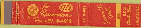 Matchbook Cover - James Polk Motel Columbia TN 10 Strike