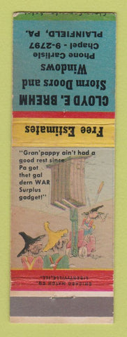 Matchbook Cover - Cloyd Brehm Storm Doors Plainfield PA hillbilly