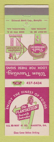 Matchbook Cover - Plantation Restaurant Marietta GA Jackson MS Tuscaloosa AL