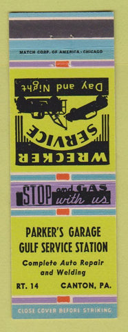 Matchbook Cover - Parker's Garage Gulf oil gas Canton PA
