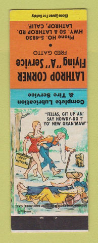 Matchbook Cover - Lathrop Corner Flying A oil gas Lathrop CA hillbilly