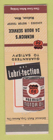 Matchbook Cover - Henrich's Phillips 66 oil gas Madison MN