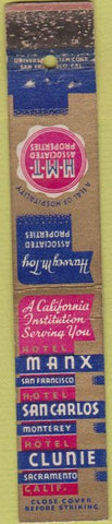 Matchbook Cover - Hotels San Francisco Sacramento Monterey CA 10 Strike