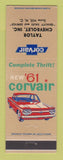 Matchbook Cover - 1961 Chevrolet Corvair Taylor Snow Hill NC