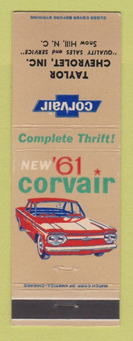 Matchbook Cover - 1961 Chevrolet Corvair Taylor Snow Hill NC