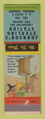 Matchbook Cover - Johnson's Sterling oil gas Windsor VT hillbilly