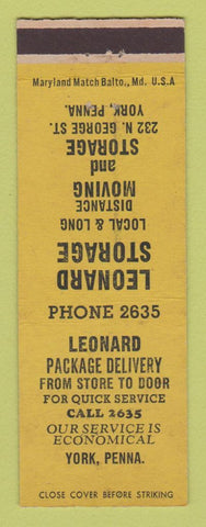 Matchbook Cover - Leonard Storage Package Delivery York PA moving