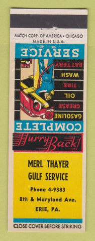 Matchbook Cover - Merl Thayer Gulf oil gas Erie PA