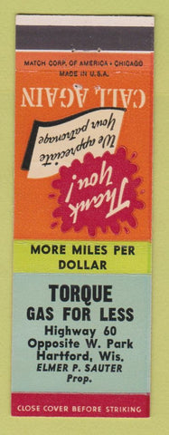 Matchbook Cover - Torque oil gas Hartford WI Elmer Sauter
