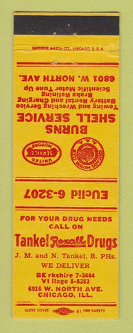 Matchbook Cover - Burns Shell oil gas Tankel Drug Store Chicago IL