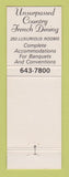 Matchbook Cover - Le'Auberge Restaurant Somerset Inn Roy MI