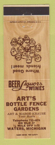 Matchbook Cover - Art's Bottle Fence Gardens Waters MI
