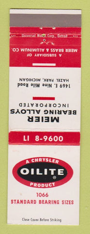 Matchbook Cover - Oilite Meier Bearings Chrysler Hazel Park MI