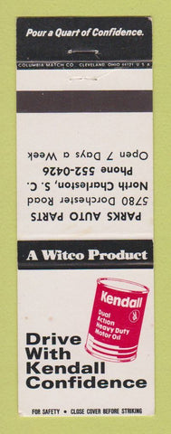 Matchbook Cover - Kendall oil Parks Auto Parts North Charleston SC