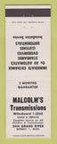 Matchbook Cover - Malcolm's Transmissions Detroit MI