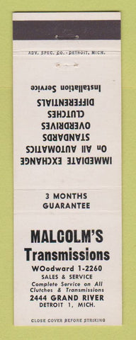 Matchbook Cover - Malcolm's Transmissions Detroit MI