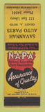 Matchbook Cover - NAPA Auto Parts Savannah Auto Parts WEAR