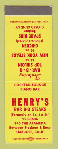 Matchbook Cover - Henry's BBQ San Jose CA SAMPLE