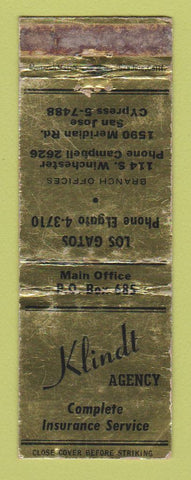Matchbook Cover - Klindt Insurance San Jose CA Los Gatos WORN