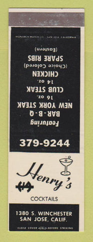 Matchbook Cover - Henry's Cocktails San Jose CA