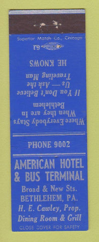 Matchbook Cover - American Hotel Bus Terminal Bethlehem PA