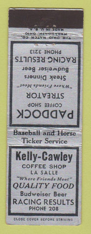 Matchbook Cover Kelly Kawley Coffee Shop Budweiser Beer La Salle IL Low phone #