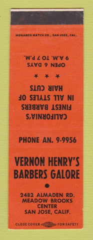 Matchbook Cover - Vernon Henry's Barber Shop San Jose CA SAMPLE