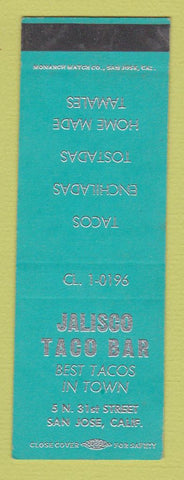 Matchbook Cover - Jalisco Taco Bar Mexican Food San Jose CA SAMPLE