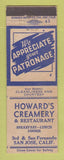 Matchbook Cover - Howard's Creamery Restaurant San Jose CA