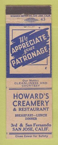 Matchbook Cover - Howard's Creamery Restaurant San Jose CA