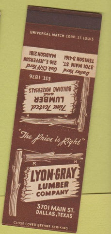 Matchbook Cover - Lyon Gray Lumber Dallas TX