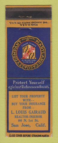 Matchbook Cover - Maryland Casualty Insurance L Louis Gairaud San Jose CA