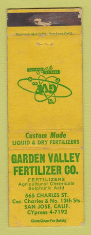 Matchbook Cover - Garden Valley Fertilizer San Jose CA WEAR