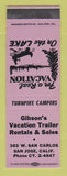 Matchbook Cover - Gibson's Vacation Trailer Rentals Sales San Jose CA SAMPLE
