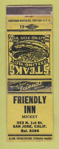 Matchbook Cover - Friendly Inn San Jose CA WORN